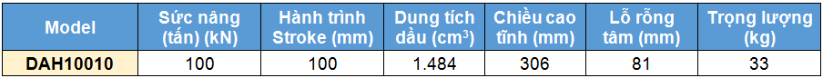 kích thủy lực 2 chiều rỗng tâm 100 tấn 100 mm,DAH Double acting aluminium cylinders, hollow piston