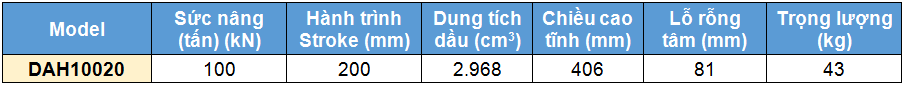 kích thủy lực 2 chiều rỗng tâm 100 tấn 200 mm,DAH Double acting aluminium cylinders, hollow piston