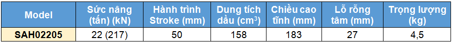 Kích rỗng tâm bằng nhôm 22 tấn 50 mm, kich 1 chieu bang nhom 22 tan 50 mm,SAH Single acting aluminium cylinder, hollow piston