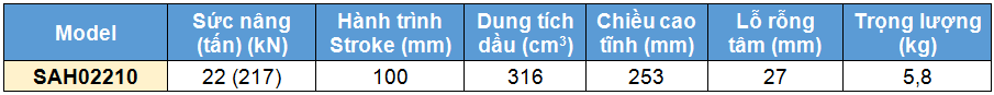 Kích rỗng tâm bằng nhôm 22 tấn 100 mm, kich 1 chieu bang nhom 22 tan 100 mm,SAH Single acting aluminium cylinder, hollow piston