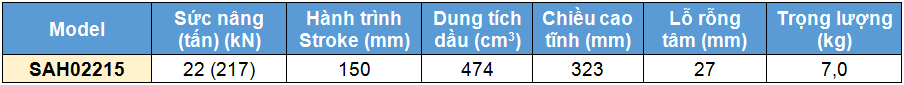 Kích rỗng tâm bằng nhôm 22 tấn 150 mm, kich 1 chieu bang nhom 22 tan 150 mm,SAH Single acting aluminium cylinder, hollow piston