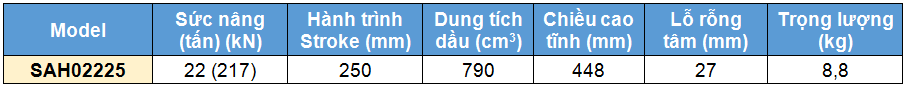 Kích rỗng tâm bằng nhôm 22 tấn 250 mm, kich 1 chieu bang nhom 22 tan 250 mm,SAH Single acting aluminium cylinder, hollow piston