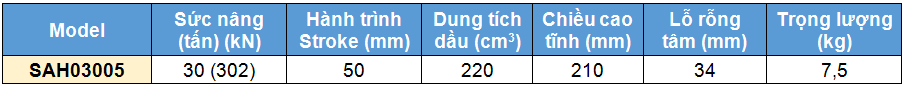 Kích rỗng tâm bằng nhôm 30 tấn 50 mm, kich 1 chieu bang nhom 30 tan 50 mm,SAH Single acting aluminium cylinder, hollow piston