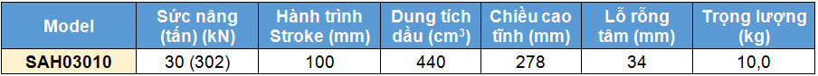 Kích rỗng tâm bằng nhôm 30 tấn 100 mm, kich 1 chieu bang nhom 30 tan 100 mm,SAH Single acting aluminium cylinder, hollow piston