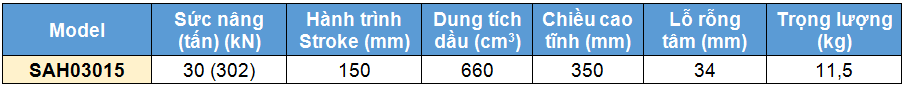 Kích rỗng tâm bằng nhôm 30 tấn 150 mm, kich 1 chieu bang nhom 30 tan 150 mm,SAH Single acting aluminium cylinder, hollow piston