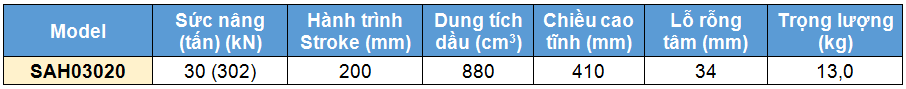 Kích rỗng tâm bằng nhôm 30 tấn 200 mm, kich 1 chieu bang nhom 30 tan 200 mm,SAH Single acting aluminium cylinder, hollow piston