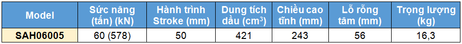 Kích rỗng tâm bằng nhôm 60 tấn 50 mm, kich 1 chieu bang nhom 60 tan 50 mm,SAH Single acting aluminium cylinder, hollow piston