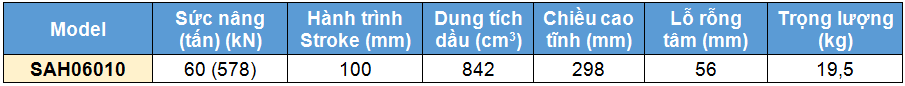 Kích rỗng tâm bằng nhôm 60 tấn 100 mm, kich 1 chieu bang nhom 60 tan 100 mm,SAH Single acting aluminium cylinder, hollow piston