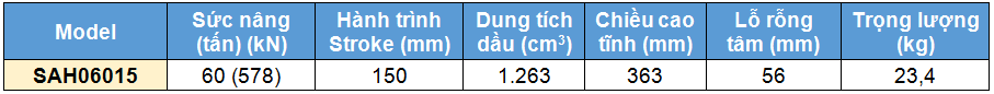 Kích rỗng tâm bằng nhôm 60 tấn 150 mm, kich 1 chieu bang nhom 60 tan 150 mm,SAH Single acting aluminium cylinder, hollow piston