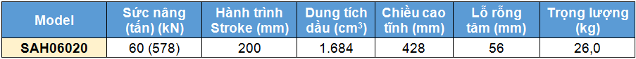 Kích rỗng tâm bằng nhôm 60 tấn 200 mm, kich 1 chieu bang nhom 60 tan 200 mm,SAH Single acting aluminium cylinder, hollow piston