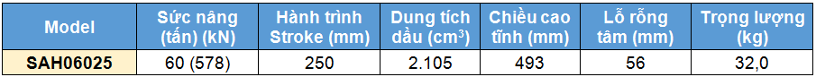 Kích rỗng tâm bằng nhôm 60 tấn 250 mm, kich 1 chieu bang nhom 60 tan 250 mm,SAH Single acting aluminium cylinder, hollow piston