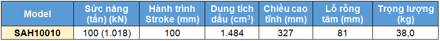 Kích rỗng tâm bằng nhôm 100 tấn 100 mm, kich 1 chieu bang nhom 100 tan 100 mm,SAH Single acting aluminium cylinder, hollow piston