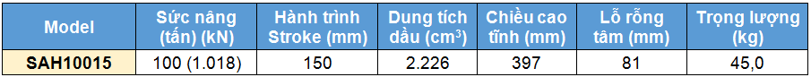 Kích rỗng tâm bằng nhôm 100 tấn 150 mm, kich 1 chieu bang nhom 100 tan 150 mm,SAH Single acting aluminium cylinder, hollow piston