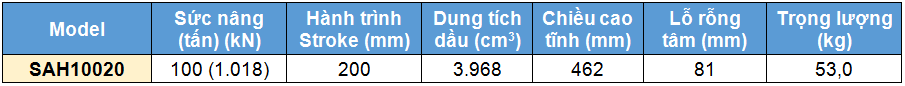 Kích rỗng tâm bằng nhôm 100 tấn 200 mm, kich 1 chieu bang nhom 100 tan 200 mm,SAH Single acting aluminium cylinder, hollow piston