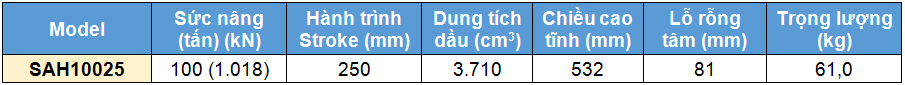 Kích rỗng tâm bằng nhôm 100 tấn 250 mm, kich 1 chieu bang nhom 100 tan 250 mm,SAH Single acting aluminium cylinder, hollow piston