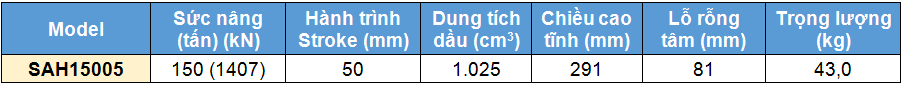 Kích rỗng tâm bằng nhôm 150 tấn 50 mm, kich 1 chieu bang nhom 150 tan 50 mm,SAH Single acting aluminium cylinder, hollow piston