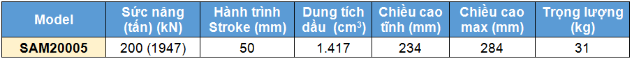 Kich 1 chieu bang nhom 200 tan 50 mm, kich 1 chieu, SAM Single acting aluminium cylinder 
